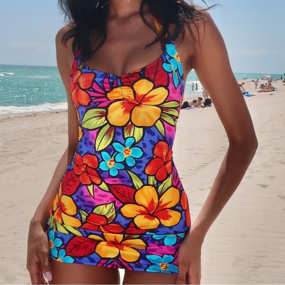 Vibrant Floral Halter swim Dress